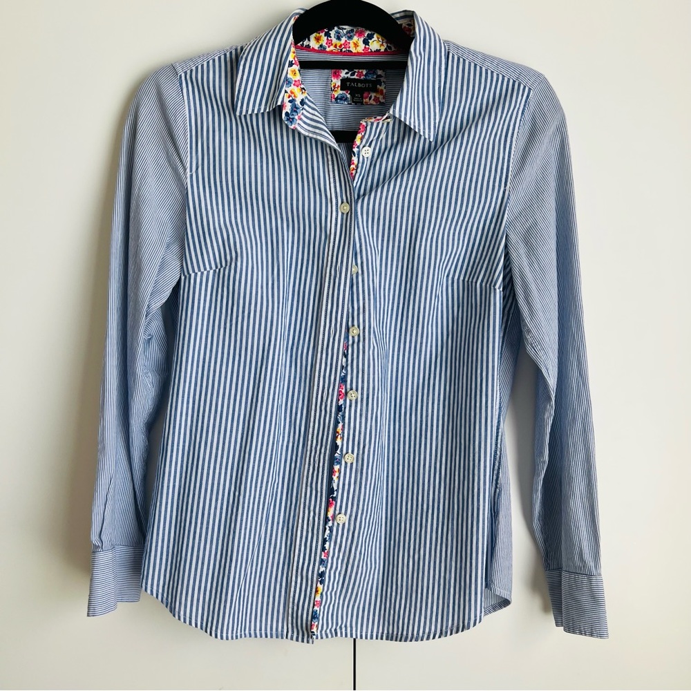 Talbots button down shirt, XS, blue and white stripe, floral detail